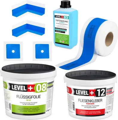 Produktbild von Dichtset Kleber 5kg Flüssigfolie 5,5kg Tiefgrund 1L Dichtband Dusche Bad SET501