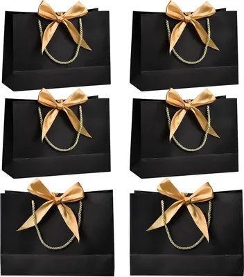 Productafbeelding van Set van 6 grote papieren geschenktassen, 28x20x10 cm, zwart - met handvat, waterdicht, herbruikbaar