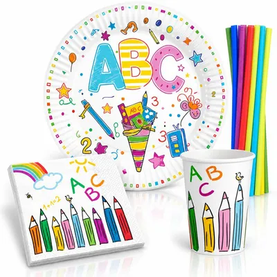 Produktbild von Party Deko Set Einschulung Einweggeschirr Schulanfang Partyset Dekoration Schule bunt Teller Becher Servietten 76 tlg.
