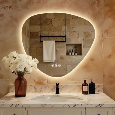 Image de Miroir de salle de bain asymétrique AFIELINA avec éclairage LED, 60 x 70 cm, sans cadre, 3 couleurs de lumière, variateur d'intensité, anti-buée, fonction mémoire