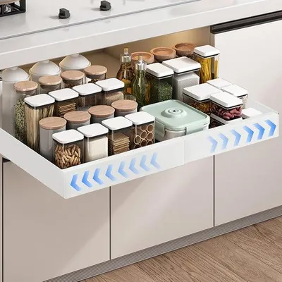Immagine prodotto di Ibenzoa® Cassetto estraibile e removibile per cucina – Acciaio al carbonio, regolabile da 32 a 52 cm, dimensioni 42×7,5×32–52 cm, capacità di carico 20 kg, montaggio senza foratura
