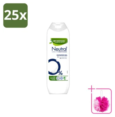 Immagine prodotto di 25 flaconi di gel doccia neutro, senza profumo, da 250 ml ciascuno. Confezione risparmio, 25 pezzi