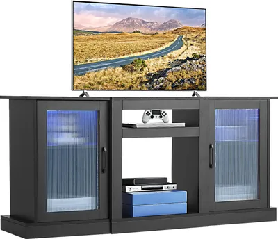 Obrázek produktu pro VEVOR TV stolek pro TV s úhlopříčkou do 65 palců, TV stolek se světelným proužkem, dřevěná TV skříňka s dvířky a nastavitelnými policemi, konzolový TV stolek do obývacího pokoje ložnice, černý