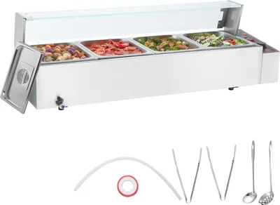 Produktbild von VEVOR Kommerzieller Speisenwärmer mit 4 x 8 Qt Behältern, elektrischer Dampftisch mit Glasabdeckung, 1500 W Arbeitsplatte Edelstahl Buffet-Bain-Marie, 30–85 °C für Gastronomie, Restaurants