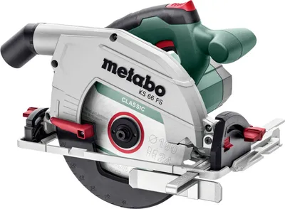A Metabo hand circular saw is shown from a side-angle against a white background.