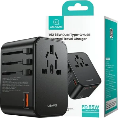 Produktbild von Usams Adapter Siec 1Xusb+2Xusb-C T62 65W 4W1 Us/Au/Eu/Uk Czarny/Schwarz Cc199Tc01 (Us-Cc199) Univesal Reise-Ladegerät