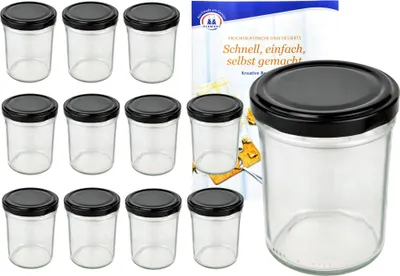 A set of 12 glass jars with black lids, along with a recipe booklet, are displayed against a white background.