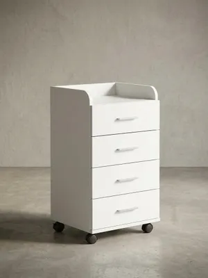 Freistehender weißer Rollcontainer für das Büro auf neutralem Hintergrund. Der 71cm hohe Schubladenschrank bietet viel Stauraum mit vier Schubladen auf schwarzen Leichtlaufrollen._#sku_SAFWL5.748#