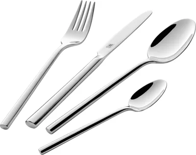 A set of polished silverware, including a fork, knife, and two spoons, arranged diagonally on a white background.