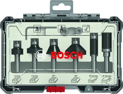Zdjęcie produktu dla Bosch 6-częściowy zestaw frezów do krawędzi i listew, chwyt 1/4 cala. Do frezarek ręcznych