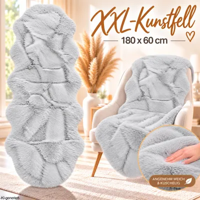 Produktbild von XXL Lammfell 180x60cm Teppich Kunstfell Bettvorleger Schaffell Imitat Doppelfell Grau