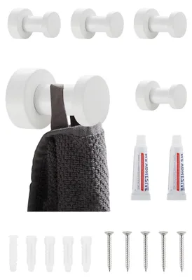 Produktbild von Set aus 5 Selbstklebenden Edelstahl Wandhaken Weiß - Badezimmer & Küche