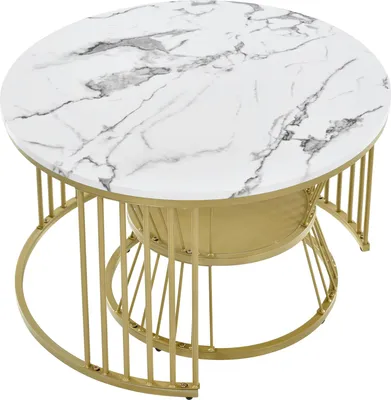 Image de Ensemble De Deux Tables Basses Rondes - Table D'appoint Moderne - Structure En Métal - Or Et Blanc