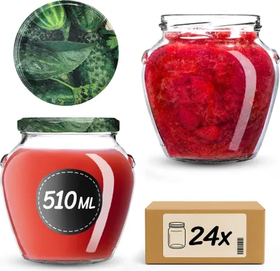 Immagine prodotto di Barattoli per conserve KADAX da 510 ml con coperchio a vite fi82mm, barattoli a vite con coperchio, barattoli per conserve, barattoli per la conservazione di miele, frutta e verdura, barattoli per conserve (cetrioli modello 2, 24 pezzi)
