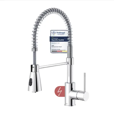 Produktbild von Lenz KALANI² Niederdruck Küchenarmatur Chrom – flexible 2-Strahl Pendelbrause, 360° schwenkbar, Markenmischdüse, Keramikkartusche, 46070402
