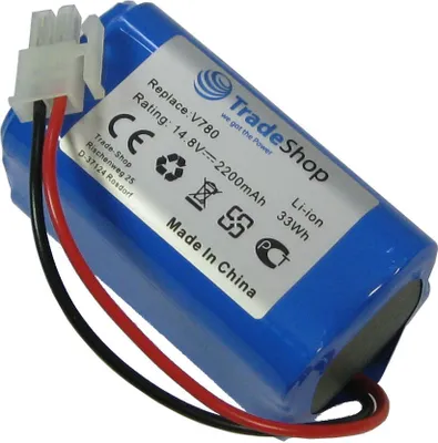 A blue battery pack with a white label, showing product details and branding.