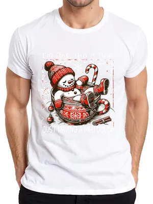 Zdjęcie produktu dla I'm fine this is fine meltdown snowman śmieszna koszulka męska, biały, S