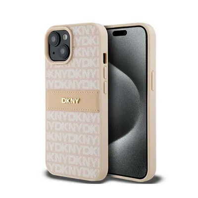 Produktbild von DKNY Leder-Monostreifen und Metalllogo - iPhone 15 Plus / 14 Plus Hülle (Pink)