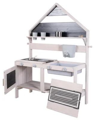 Produktbild von roba Matschküche für Kinder in Hausoptik - Funktionelle Outdoor Spielküche inkl. Zubehör für Mädchen & Jungen - Massivholz - Grau lasiert