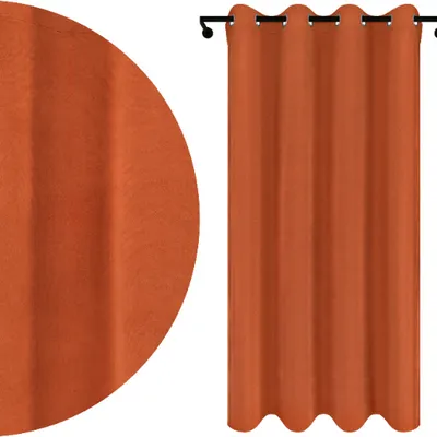 A close-up view of a curtain fabric texture and a full curtain hanging on a rod.