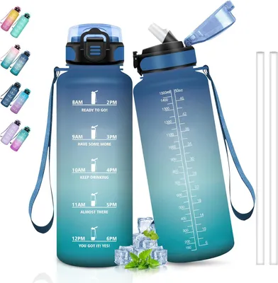 Imagen del producto de Botella de agua de 1,5 litros, a prueba de fugas, con indicador de tiempo, ideal para deportes y senderismo
