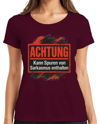 Productafbeelding van Let op: Kan sporen van sarcasme bevatten. Grappig dames T-shirt met de tekst "Humor", kleur: bordeauxrood, maat: S