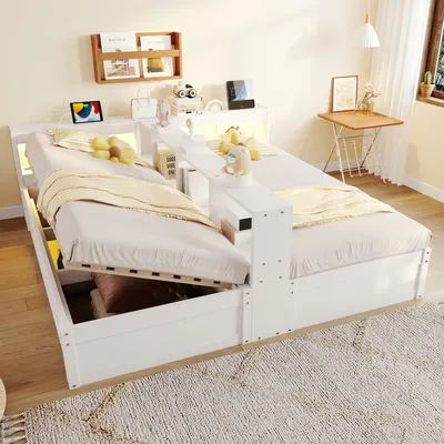 Zdjęcie produktu dla Sofa rozkładane 90/180 × 200 cm, gniazdo elektryczne typu europejskiego, pojemniki na przechowywanie, listwa LED, hydrauliczny mechanizm rozkładania, wielofunkcyjne łóżko z drewna, podwójne łóżko, kolor biały