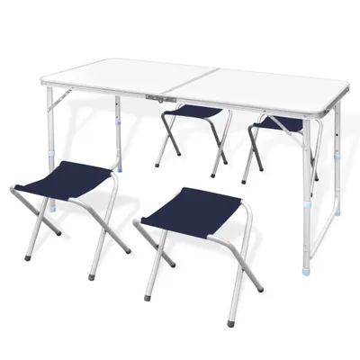 Zdjęcie produktu dla Stół kempingowy z 4 składanymi krzesłami aluminiowymi o regulowanej wysokości 120 x 60 cm