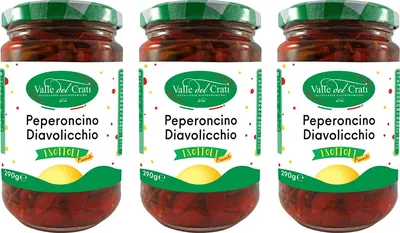 Produktbild von Diavolicchio Chilischote, Rote Chili in Olivenöl, Scharfe Chilischote, Für Gewürze und Vorspeisen, Für Pasta und Fleisch, Ganze Chilischote 3 x 280g