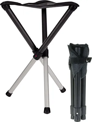 A portable tripod stool and its folded form.