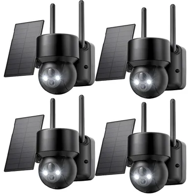 Produktbild von 4 Stücke Überwachungskamera Aussen Akku Solar 2K Kamera Überwachung Aussen WLAN Outdoor kabellos 360 Grad PTZ PIR Bewegungsmelder Farbnachtsicht