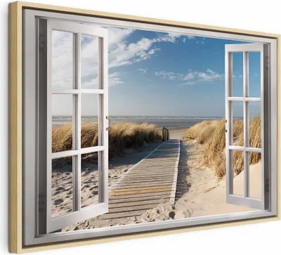 Produktbild von Italienischer Leinwand Leinwandbild - Window: View of the Beach 90x60 cm Landschaften c-C-0179-b-a