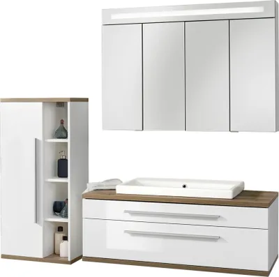Produktbild von Fackelmann STANFORD Badmöbel Set 4-teilig, 110 cm breit, Weiß,Keramik+Spiegelschrank+Midischrank