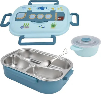Produktbild von Blaue Edelstahl-Lunchbox 3-fach lekvrije für Schule und Büro