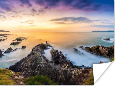 Produktbild von MuchoWow® Poster Sonnenuntergang - Horizont - Wasser - Landschaft - Blau 120x90 cm - Wandbild