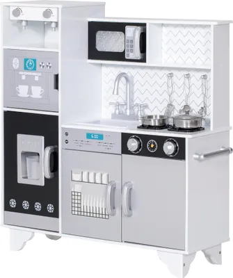 Image de Cuisine pour enfants en bois - Jeu de cuisine - Son et accessoires en acier inoxydable - Micro-ondes, machine à glaçons, cafetière, lave-vaisselle - 79,5×24×83,8 cm - Sans piles - Blanc