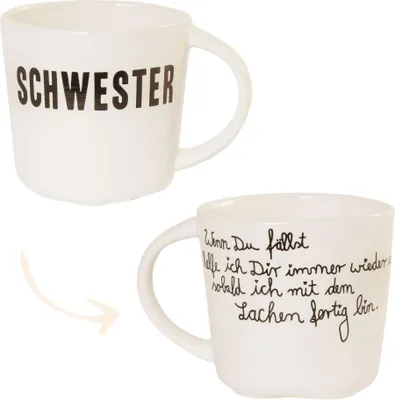 Produktbild von Tasse für Schwester Porzellan Herzboden mit Spruch: 'Wenn du fällst, helfe ich dir immer wieder auf, sobald ich mit dem Lachen fertig bin.'