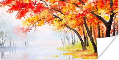 Produktbild von MuchoWow® Poster Gemälde - Herbst - Bäume - Wasser - Ölfarbe 40x20 cm - Poster für die Wand - Poster Schlafzimmer
