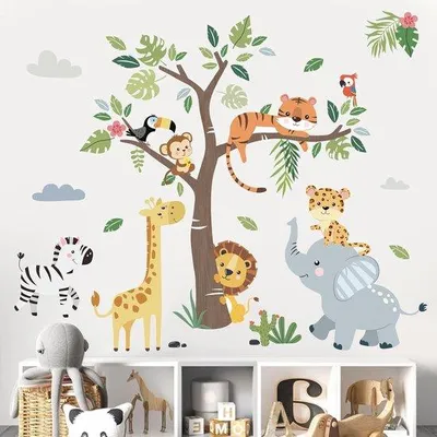 Productafbeelding van Famanu Wandsticker: Dieren van de jungle, olifant, giraffe, leeuw - voor baby- en kinderkamers