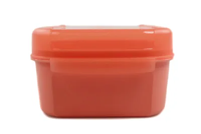 A front view of an orange plastic food storage container with a translucent lid, isolated on a white background.