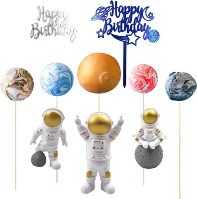 Productafbeelding van Taartdecoraties, astronauten, 10 stuks, goudkleurig, ruimtevaartthema, voor verjaardagsfeestjes