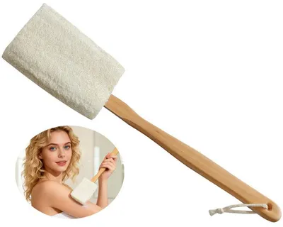 Produktbild von Luffa-Körperbürste – Körperbürste – Rückenbürste – Peelingbürste – Duschbürste – Massagebürste – Badebürste – Hochwertig – Langer Griff – Holzfarben
