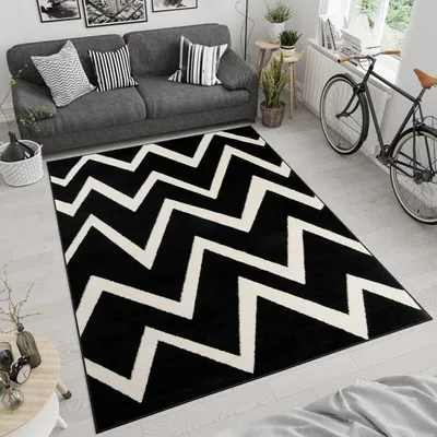 Produktbild von Teppich Wohnzimmer Schlafzimmer Kurzflor Modern Design Geometrisch Zick Zack Streifen Gestreift Schwarz Creme  160 x 220 cm