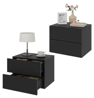 Image de Table de chevet - Table d'appoint suspendue, à fixer au mur - Lot de 2 - Bois - 40 x 30 x 30 cm - Noir - Avec tiroir