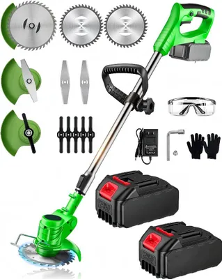 A collection of cordless grass trimmer parts and accessories laid out on a white background.