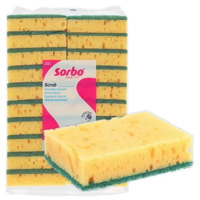 Imagen del producto de Conjunto de esponjas abrasivas Sorbo, 20 unidades. Presentan una superficie abrasiva resistente y una fibra de viscosa absorbente