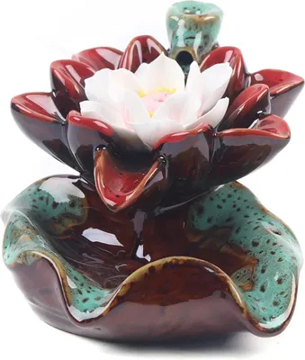Image de Brûleur d'encens Lotus à reflux - Porte-encens cascade - Céramique - Pour cônes d'encens - Aromathérapie - Marron