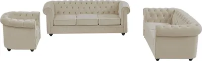 Produktbild von 3-Sitzer-Sofa, 2-Sitzer-Sofa und Sessel aus beigem Velours - CHESTERFIELD