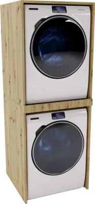 A stacked washing machine and dryer unit within a wooden frame.