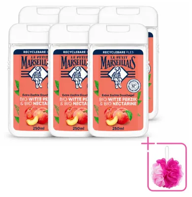 Zdjęcie produktu dla 6 x Żel pod prysznic Le Petit Marseillais, organiczna brzoskwinia i nektaryna, 250 ml - zestaw ekonomiczny - 6 sztuk